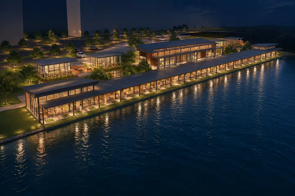Generated night-time architectural exploration of the waterfront model
